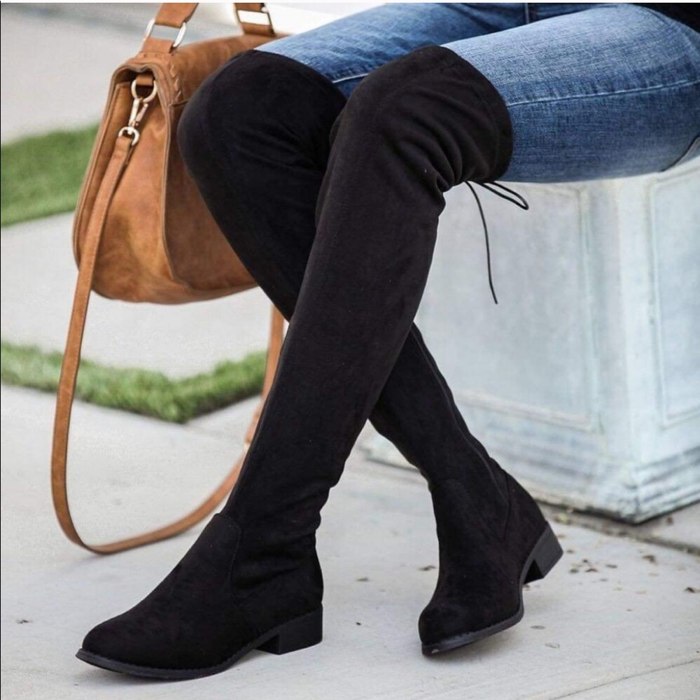 Black began suede drawstring over knee tall boots